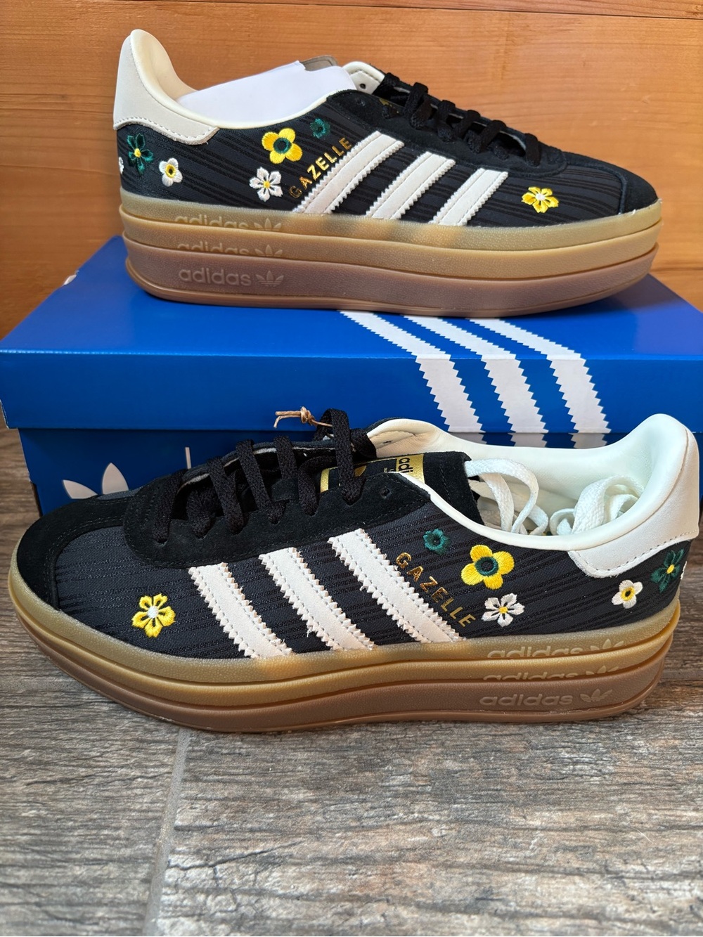 adidas Gazelle Platform Sneakers Black White Yellow Floral